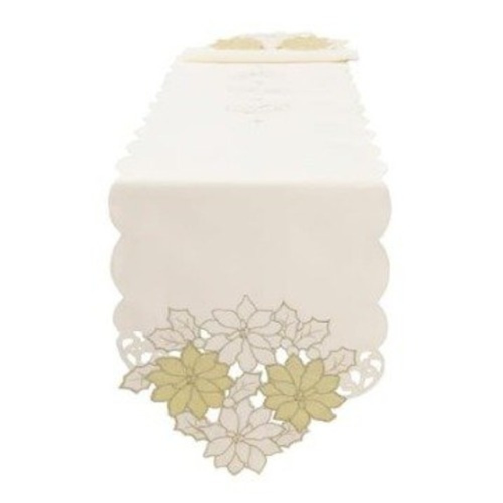 OWENIE Christmas Table Runner 70 Inch Embroidered Gold Glitter Poinsettia Ivory